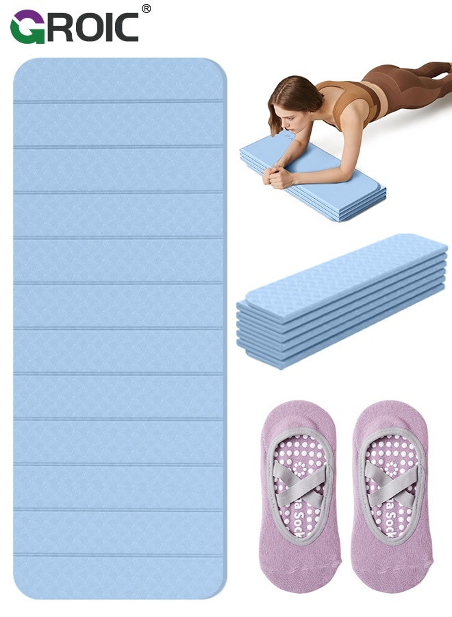 Foldable Yoga Mat, 185*61CM Non-Slip Exercise Mat with Non-Slip Yoga Socks, Odor-Free Double-Sided Fitness Mat for Yoga Pilates Floor Workouts Stretching, Portable and Lightweight for Studio or Home Use
