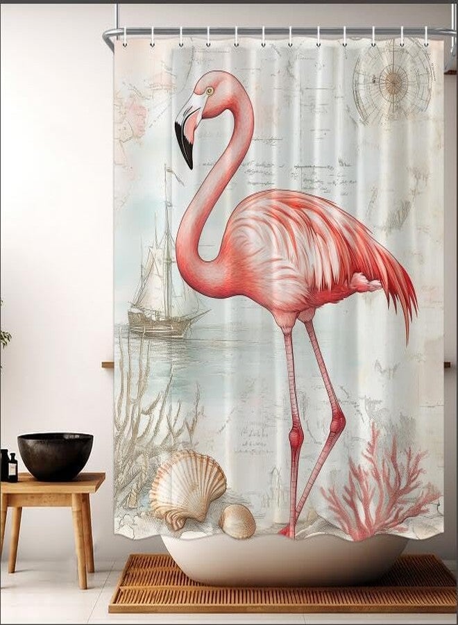 Hajmsug Pink Flamingo Shower Curtain,Funny Retro Nautical Ocean Maps Coral Seashell Sailboat Bathroom Shower Curtain，Polyester Fabric Shower Curtains,71X71 Inch. - Image 1