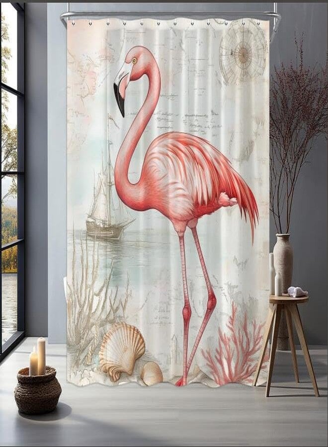 Hajmsug Pink Flamingo Shower Curtain,Funny Retro Nautical Ocean Maps Coral Seashell Sailboat Bathroom Shower Curtain，Polyester Fabric Shower Curtains,71X71 Inch. - Image 2