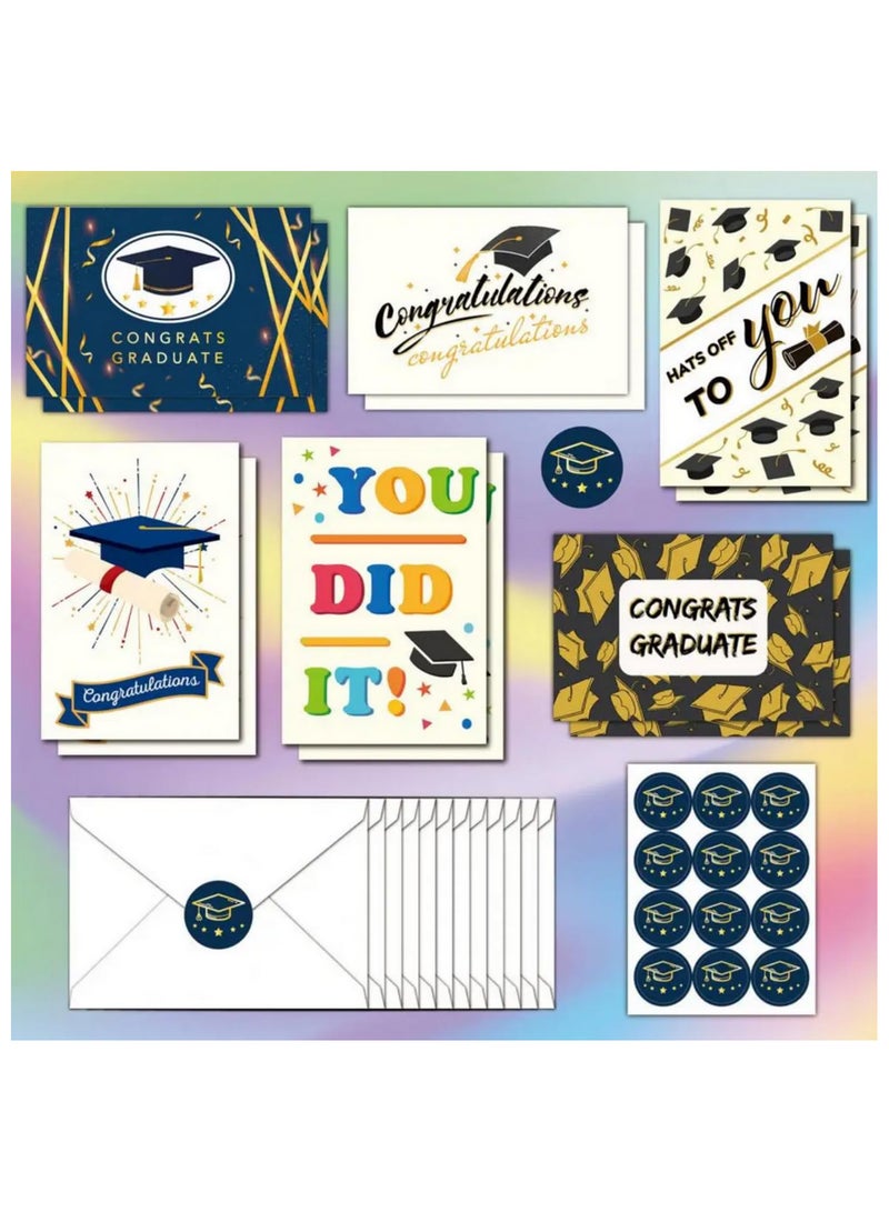 12PCS Matte Graduation Cards with Glitter Cap Design Bulk Blank Greeting Cards Set for College Graduation Parties Includes Envelopes Stickers Gold Black Thank You Cards for Teachers Students - Image 1