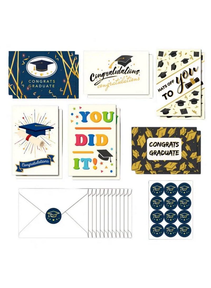 12PCS Matte Graduation Cards with Glitter Cap Design Bulk Blank Greeting Cards Set for College Graduation Parties Includes Envelopes Stickers Gold Black Thank You Cards for Teachers Students - Image 2