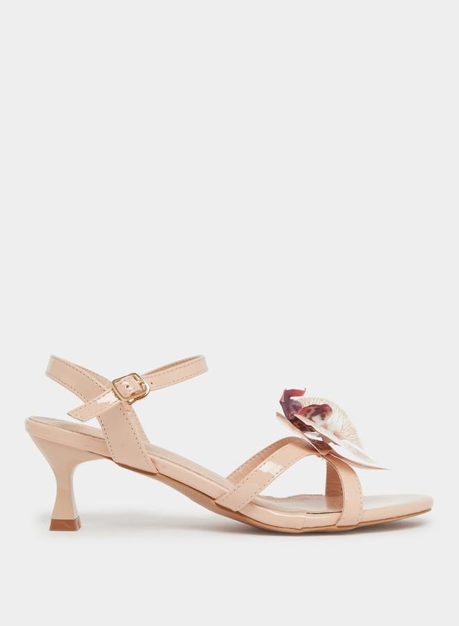 Styli Beige Kitten Heel Sandals with Flower Detail - Image 1