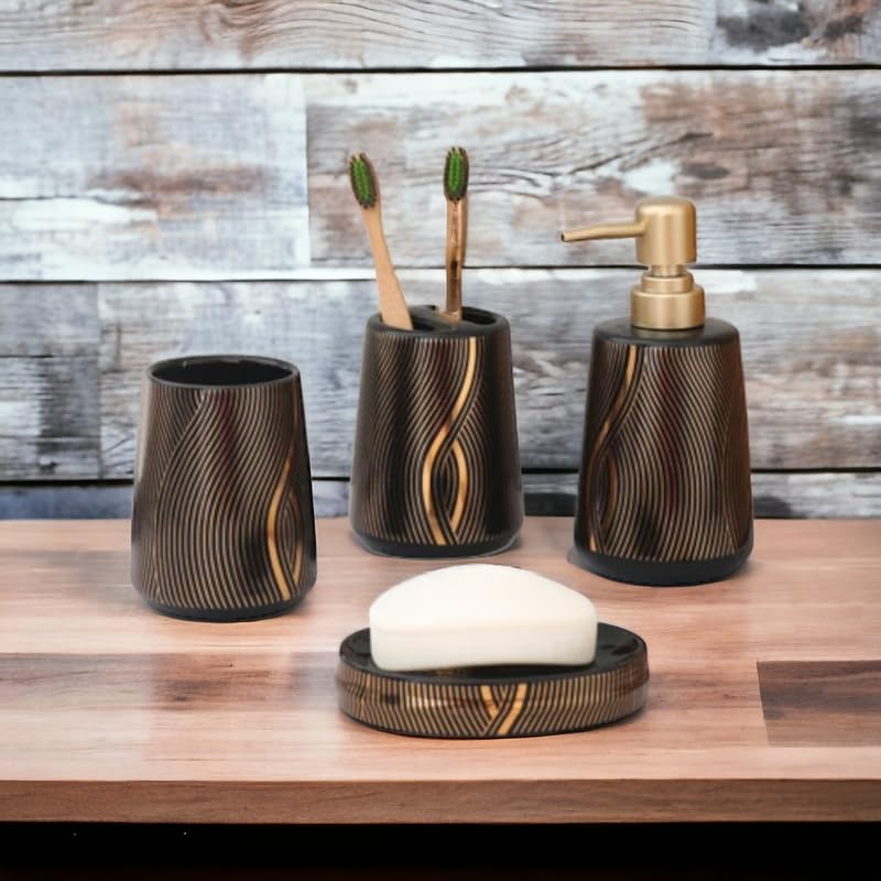 Whizzo Ceramic Bathroom Accessories Set Ceramic 4 Pieces Bathroom Accessories Set Soap Dispenser Toothbrush Holder Tumbler Soap Dish The Best Gifting Choice Black - Image 1