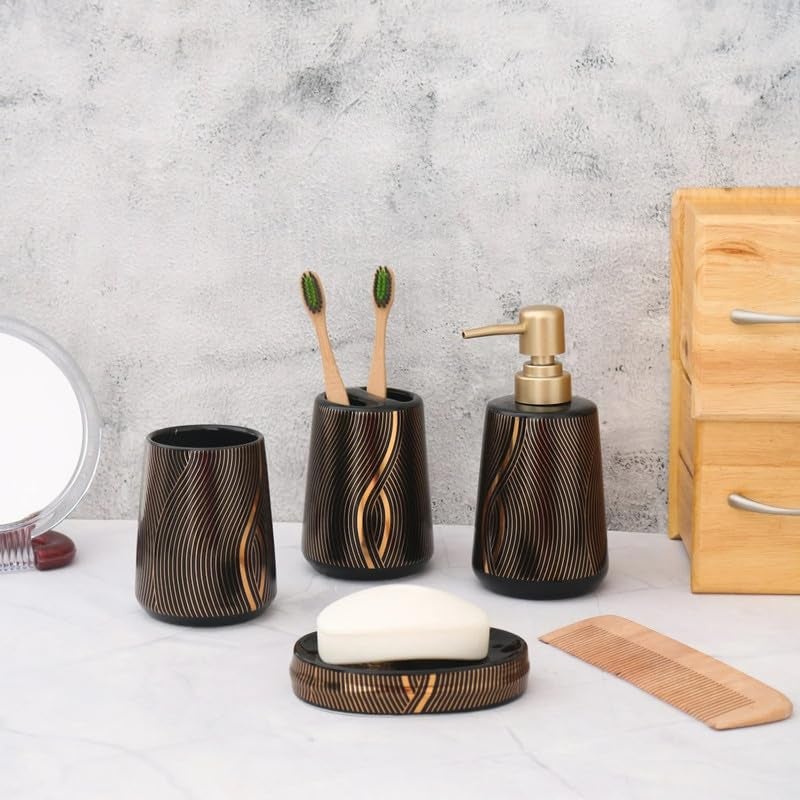 Whizzo Ceramic Bathroom Accessories Set Ceramic 4 Pieces Bathroom Accessories Set Soap Dispenser Toothbrush Holder Tumbler Soap Dish The Best Gifting Choice Black - Image 4