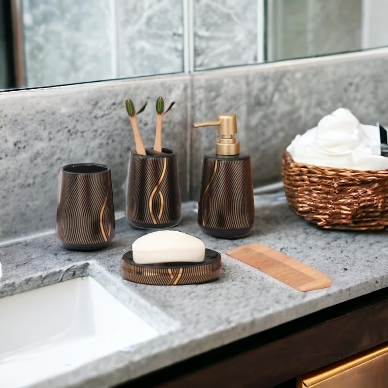 Whizzo Ceramic Bathroom Accessories Set Ceramic 4 Pieces Bathroom Accessories Set Soap Dispenser Toothbrush Holder Tumbler Soap Dish The Best Gifting Choice Black - Image 3