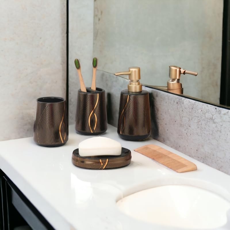 Whizzo Ceramic Bathroom Accessories Set Ceramic 4 Pieces Bathroom Accessories Set Soap Dispenser Toothbrush Holder Tumbler Soap Dish The Best Gifting Choice Black - Image 2