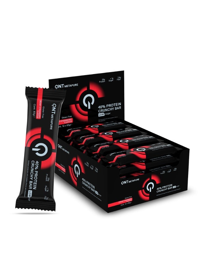 QNT 40% PROTEIN CRUNCHY BAR | 12 x 65g | STRAWBERY FLAVOUR | Low Sugar, Triple Blend - Image 1