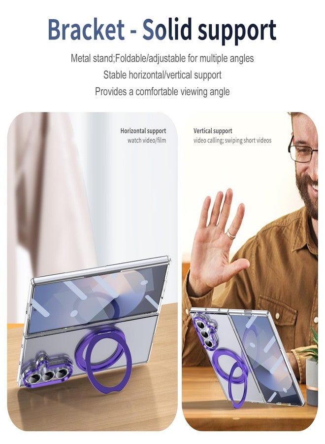 XIMAND for Samsung Galaxy Z Fold 7 Case with Magnetic Ring Holder, 360 Rotating Bracket, Built-in Front Screen Len Protector, Anti-Yellowing & Anti-Fingerprint Crystal Clear Case.(Violet) - Image 2