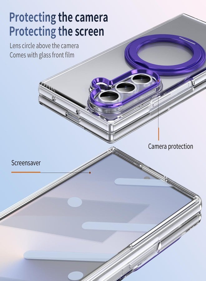 XIMAND for Samsung Galaxy Z Fold 7 Case with Magnetic Ring Holder, 360 Rotating Bracket, Built-in Front Screen Len Protector, Anti-Yellowing & Anti-Fingerprint Crystal Clear Case.(Violet) - Image 5
