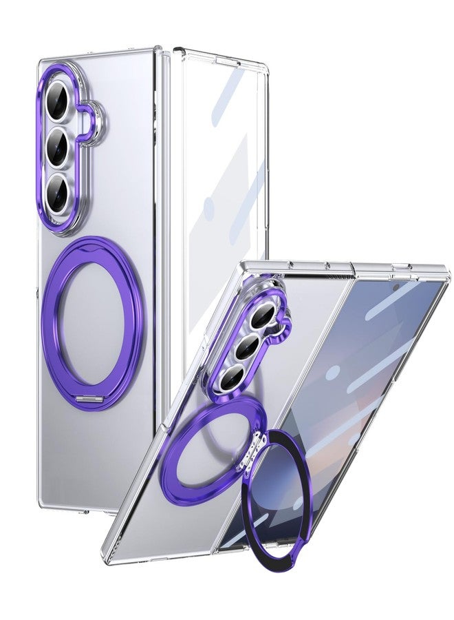 XIMAND for Samsung Galaxy Z Fold 7 Case with Magnetic Ring Holder, 360 Rotating Bracket, Built-in Front Screen Len Protector, Anti-Yellowing & Anti-Fingerprint Crystal Clear Case.(Violet) - Image 1