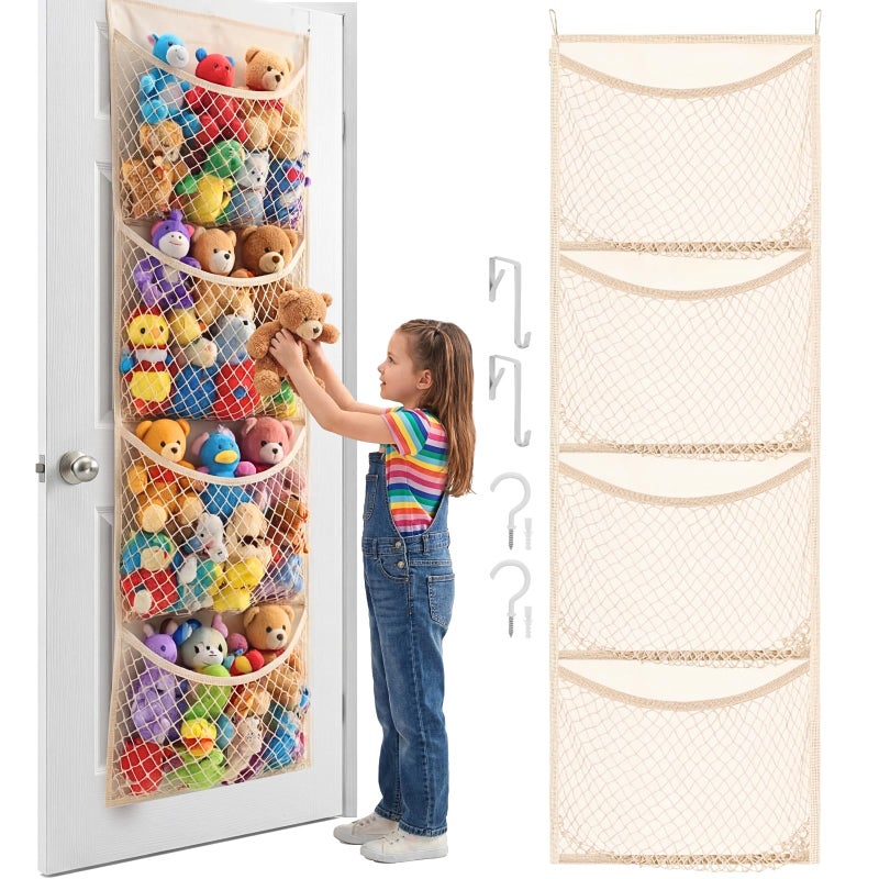 Ofiray-home Over The Door Stuffed Animal Storage, Cotton Toy Organizer for Storage Plush Toys,Baby Supplies, Stuffed Animal Holder with 4 Large Pockets, Hanging Door Organizer for Nursery, Bedroom, Kids Room - Image 1