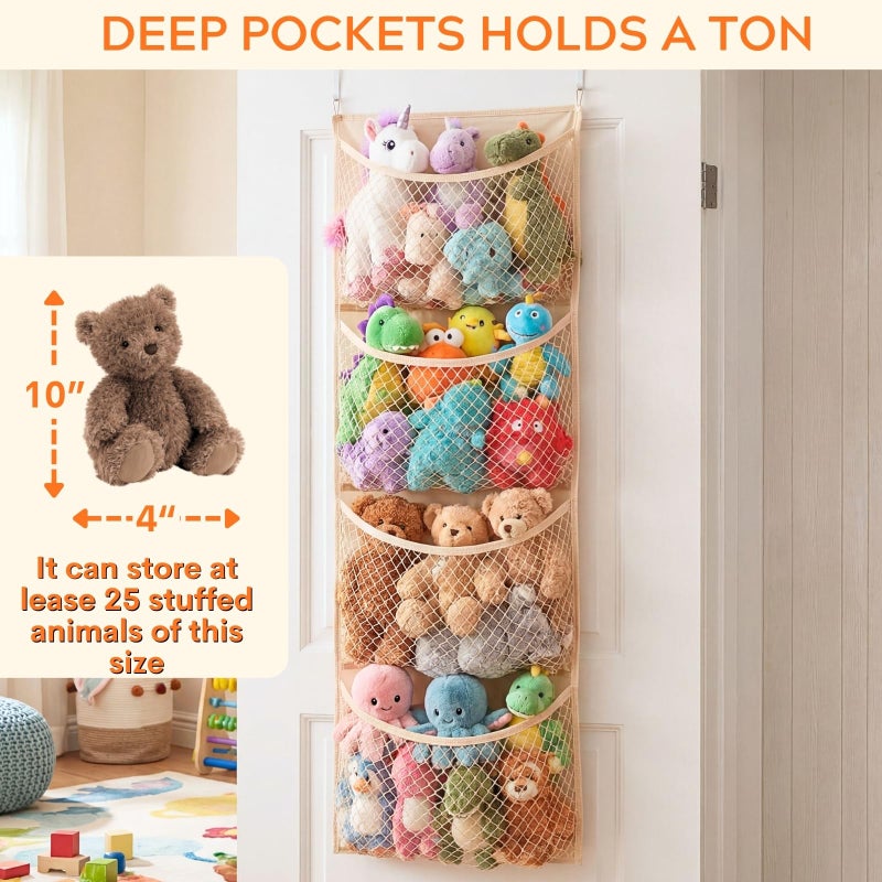Ofiray-home Over The Door Stuffed Animal Storage, Cotton Toy Organizer for Storage Plush Toys,Baby Supplies, Stuffed Animal Holder with 4 Large Pockets, Hanging Door Organizer for Nursery, Bedroom, Kids Room - Image 3