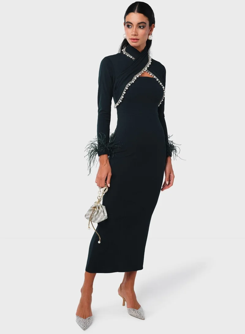 feather cuff midi dress black one shoulder midi dress Petal & Pup Women's Dame Feather Trim Single Long Sleeve Midi Cocktail Dress