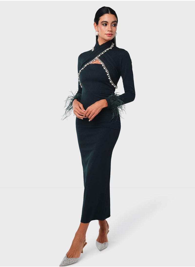 Threadz by Ajooni - Stone Embellsihed Overlap Neck Dress - Image 1