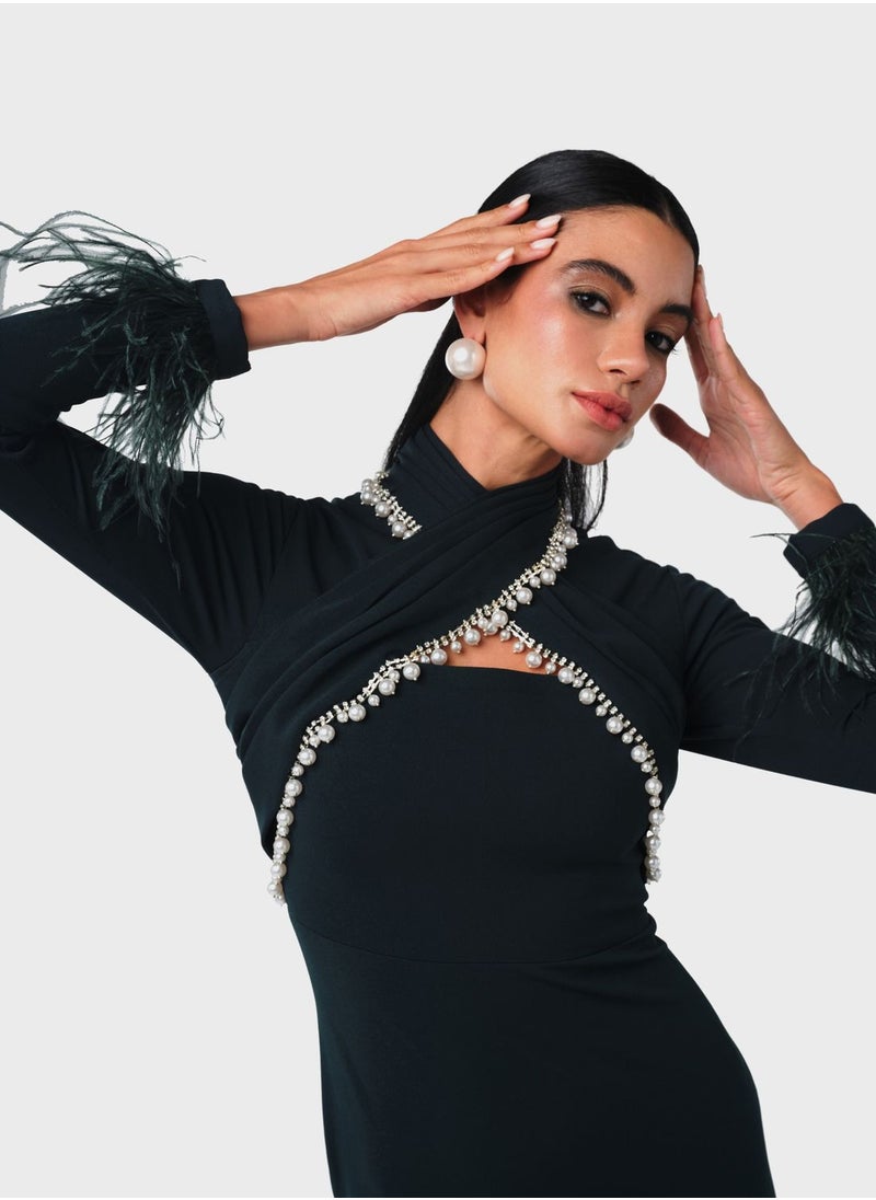 Threadz by Ajooni - Stone Embellsihed Overlap Neck Dress - Image 1