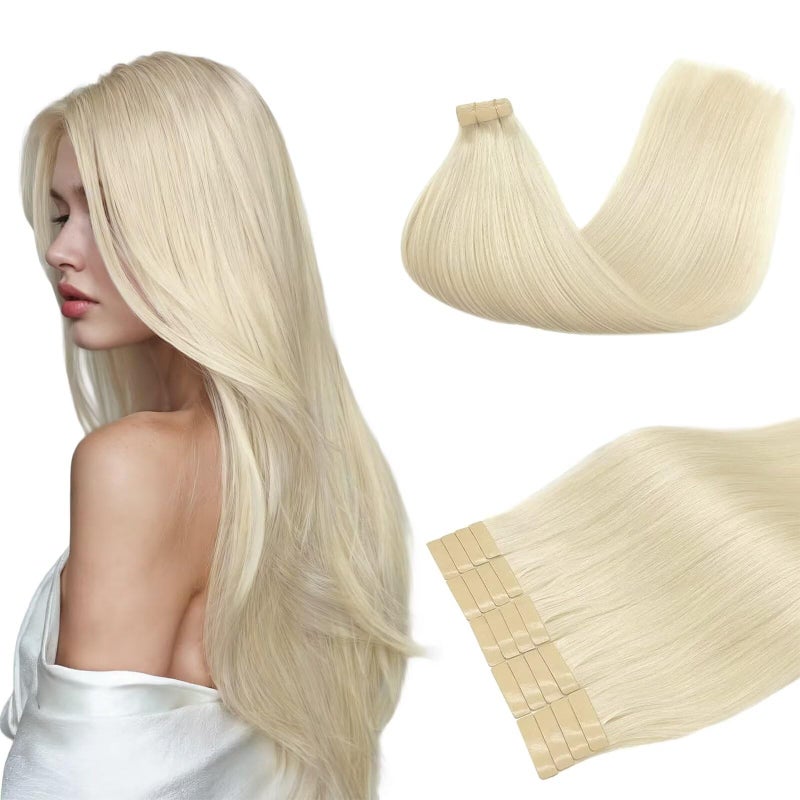 DOORES Tape in Hair Extensions Human Hair Platinum Blonde 18 Inch 50g 20pcs Real Human Hair Extensions Tape in Skin Weft Real Straight Blonde Natural Hair Extensions