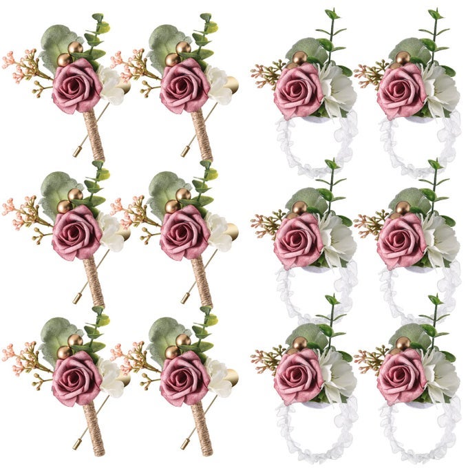 12 PCS WEDDING WRIST CORSAGE AND BOUTONNIERE SET ROSE WRIST CORSAGE FOR PROM BOUTONNIERE FOR MEN WEDDING FLOWERS ACCESSORIES PROM SUIT DECORATIONS FOR WEDDING CEREMONY ANNIVERSARY DUSTY ROSE