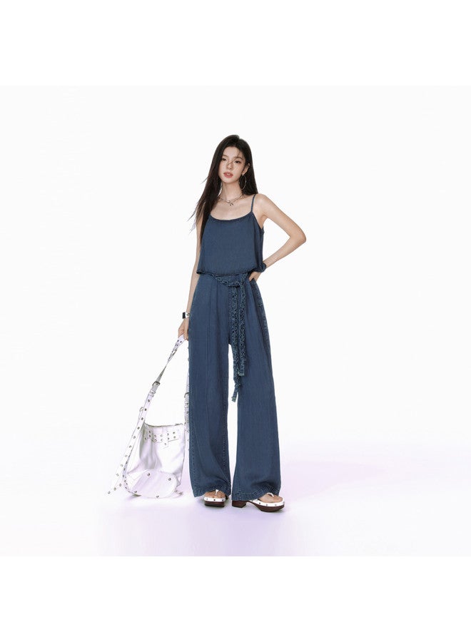 EPTISON Women's Denim Jumpsuit - Summer Vacation Style Casual Romper With Strappy Top And Retro Wide-leg Pants - Image 3