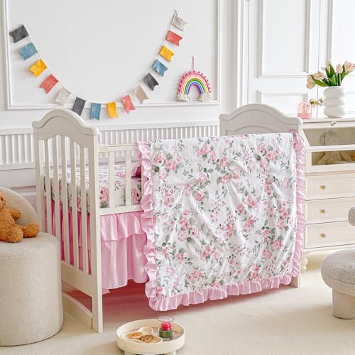 Uozzi Bedding 3 Pieces Pink Rose Flowers Crib Bedding Set Baby Ruffled Quilted Comforter with Fitted Sheet and Bed Skirt - Cute Ruffled Shabby Chic Baby Girls Bedding Soft Blanket Floral Design - Image 2