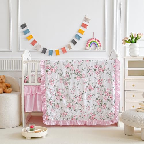Uozzi Bedding 3 Pieces Pink Rose Flowers Crib Bedding Set Baby Ruffled Quilted Comforter with Fitted Sheet and Bed Skirt - Cute Ruffled Shabby Chic Baby Girls Bedding Soft Blanket Floral Design - Image 1
