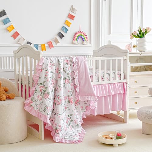 Uozzi Bedding 3 Pieces Pink Rose Flowers Crib Bedding Set Baby Ruffled Quilted Comforter with Fitted Sheet and Bed Skirt - Cute Ruffled Shabby Chic Baby Girls Bedding Soft Blanket Floral Design - Image 4
