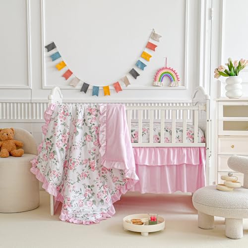 Uozzi Bedding 3 Pieces Pink Rose Flowers Crib Bedding Set Baby Ruffled Quilted Comforter with Fitted Sheet and Bed Skirt - Cute Ruffled Shabby Chic Baby Girls Bedding Soft Blanket Floral Design - Image 5
