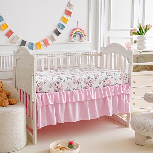 Uozzi Bedding 3 Pieces Pink Rose Flowers Crib Bedding Set Baby Ruffled Quilted Comforter with Fitted Sheet and Bed Skirt - Cute Ruffled Shabby Chic Baby Girls Bedding Soft Blanket Floral Design - Image 3