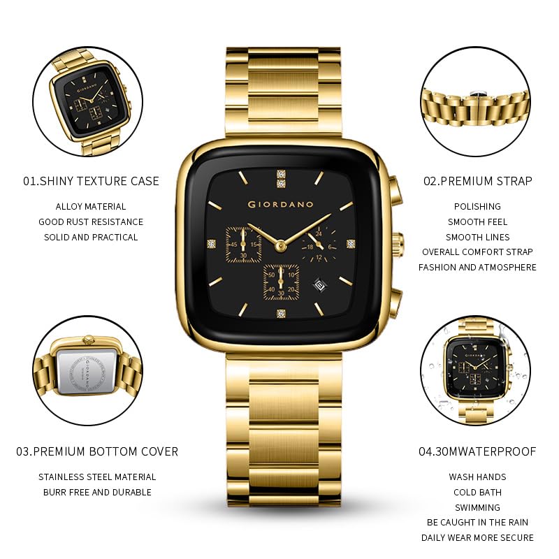 Giordano Square Face Watch for Men – Multifunction Dial with Date Display, Sleek Stainless Steel Strap, Modern Design for Everyday Elegance - Image 5
