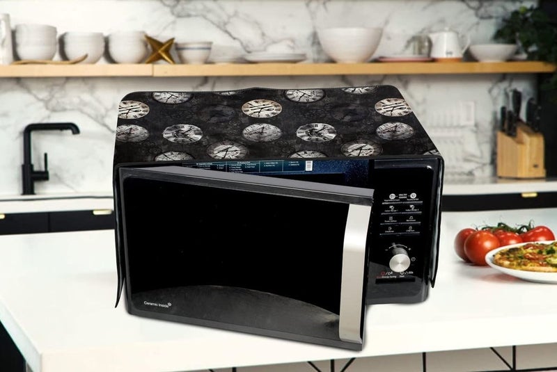 The Furnishing Tree The Furnishing Tree Waterproof Dustproof PVC Microwave Oven Top Cover with 6 utility pockets Analog Pattern Black  - Image 2