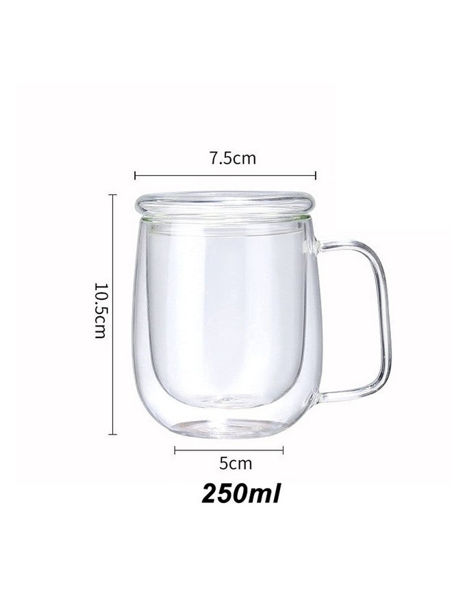 Baskety Glass Coffee & Tea Cup Mug With Lid, Double Wall Borosilicate Latte Espresso Mug, Insulated Handle, Dishwasher Safe, 250ml (Pack of 1) - Image 2