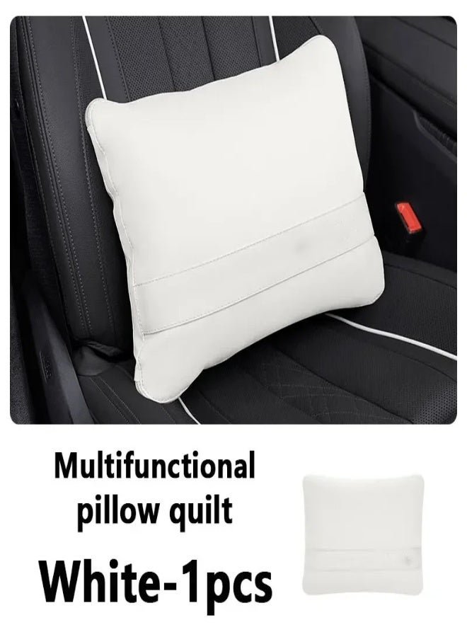 AROAQ 3-in-1 Multifunctional Car Blanket, Pillow & Waist Cushion – Leather Quilted Car Interior Accessory for SUV, Truck, Van – Soft, Foldable, All-Season Travel Pad , White - Image 1