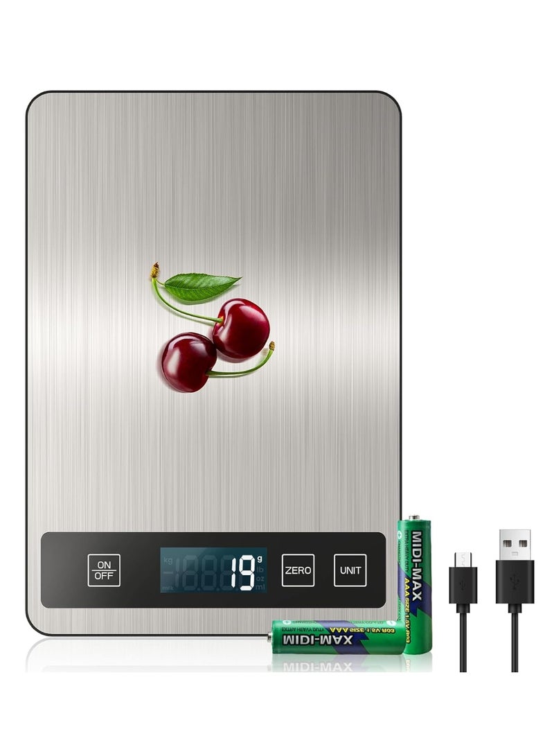 USB، ميزان إلكتروني من الستانلس ستيل للطهي والخبز، دقة 1 جم،ميزان مطبخ رقمي حتى 15 كجم قابل للشحن عبرشاشة LCD، يدعم 6 وحدات قياس مع وظيفة التصفير - Image 1