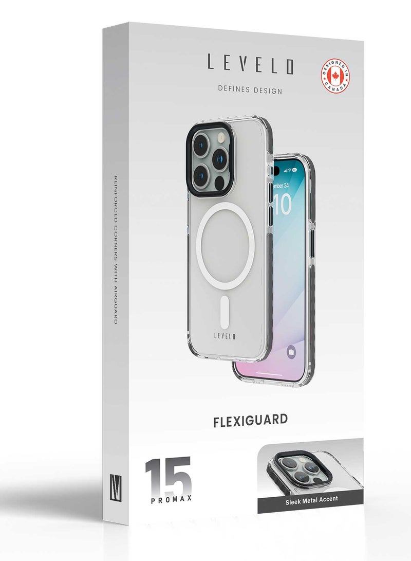 LEVELO iPhone 15 Pro Case FlexiGuard Transparent Back Cover / Full Protection / Bumper Protection / Metal Lifted Camera Ring / Clear Back Case / MagSafe Compatibility - Black - Image 3