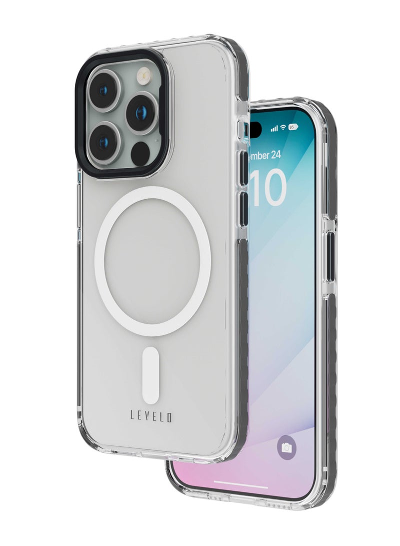 LEVELO iPhone 15 Pro Case FlexiGuard Transparent Back Cover / Full Protection / Bumper Protection / Metal Lifted Camera Ring / Clear Back Case / MagSafe Compatibility - Black - Image 1