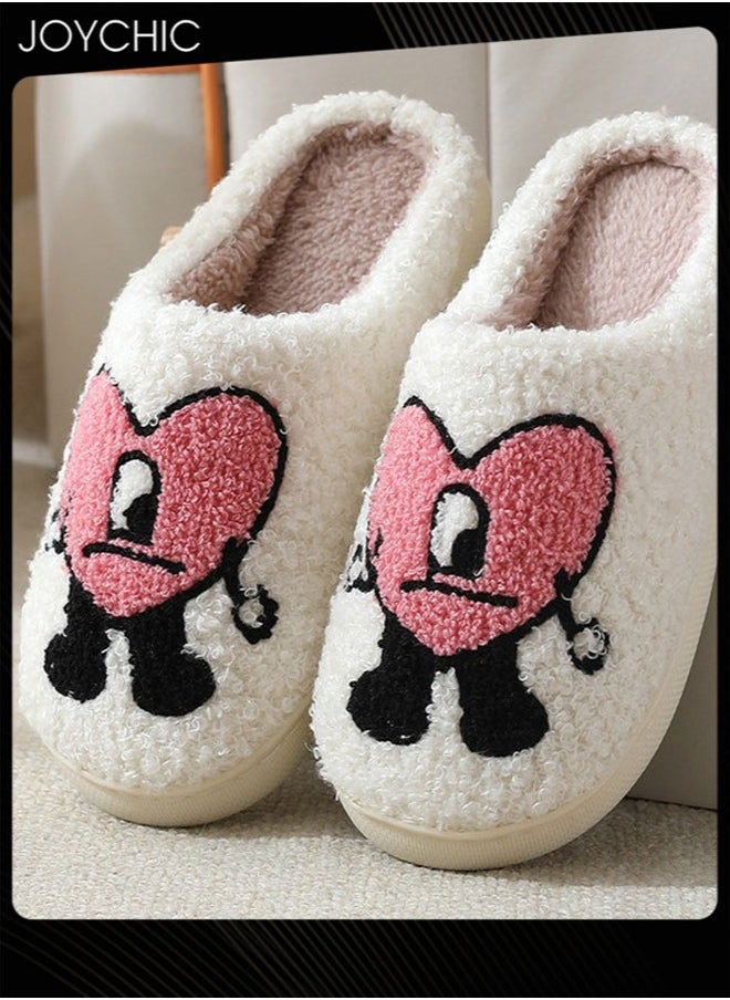 Joychic - Lovely Cartoon Embroidery Warm Indoor Bedroom Slides Autumn and Winter Women Flat Household Slippers with Love Pattern White+Pink - Image 1