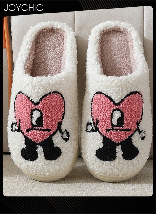 Joychic - Lovely Cartoon Embroidery Warm Indoor Bedroom Slides Autumn and Winter Women Flat Household Slippers with Love Pattern White+Pink - Image 1