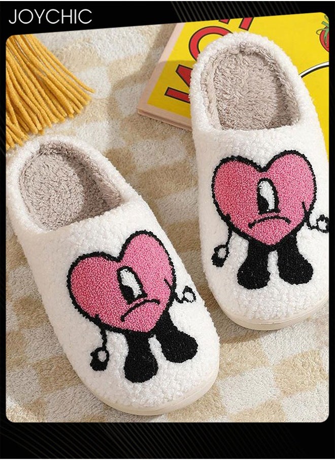 Joychic - Lovely Cartoon Embroidery Warm Indoor Bedroom Slides Autumn and Winter Women Flat Household Slippers with Love Pattern White+Pink - Image 1