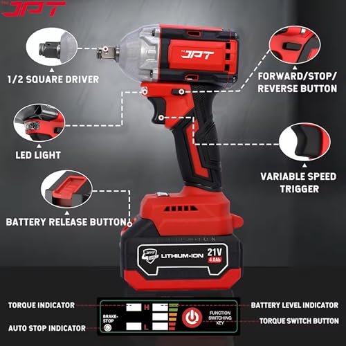 JPT Heavy Duty 21V Cordless Impact Wrench with 2 Batteries | 2 Variable Speed | Build-In LED Lights | Forward & ReverseSwitch | Hex end - Image 2