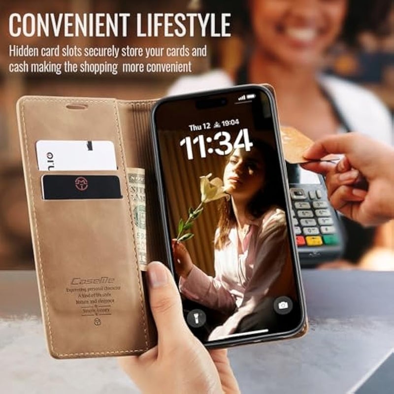 كيس مي حافظة CaseMe لهاتف iPhone 16 Pro Max، مصنوعة يدوياً من الجلد المتين ذو تصميم رجعي، مزودة بإغلاق مغناطيسي، حماية ضد السقوط والصدمات، تحتوي على حامل ودعامات وبطاقات، باللون البني لهاتف iPhone 16 Pro Max - Image 3