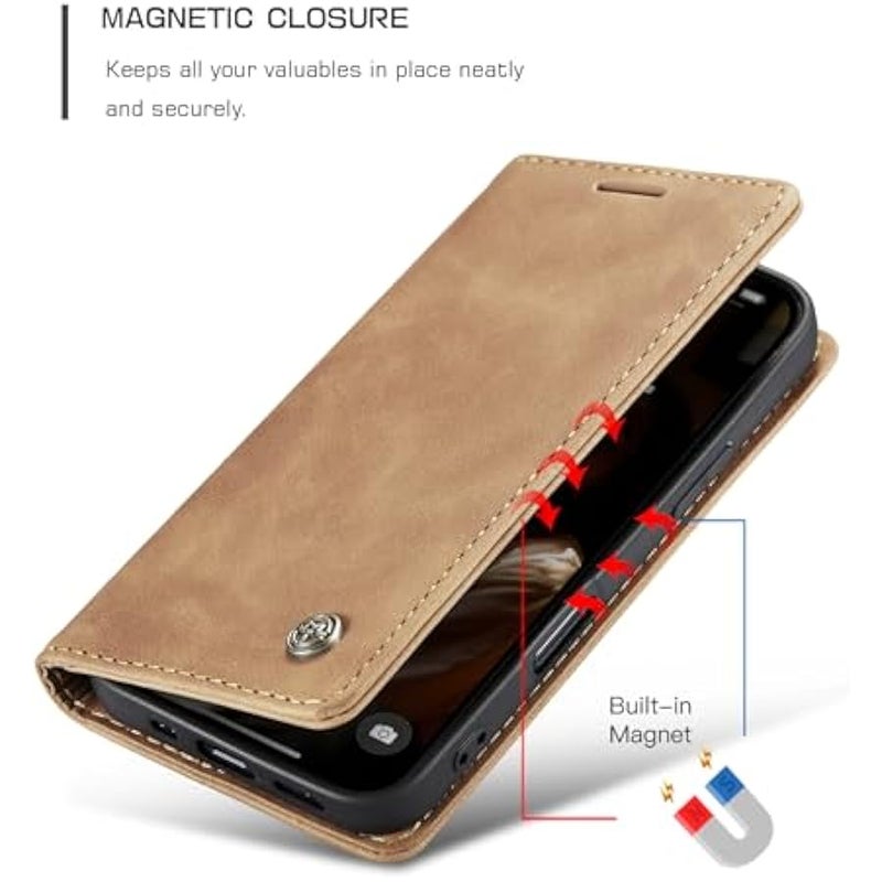 كيس مي حافظة CaseMe لهاتف iPhone 16 Pro Max، مصنوعة يدوياً من الجلد المتين ذو تصميم رجعي، مزودة بإغلاق مغناطيسي، حماية ضد السقوط والصدمات، تحتوي على حامل ودعامات وبطاقات، باللون البني لهاتف iPhone 16 Pro Max - Image 4