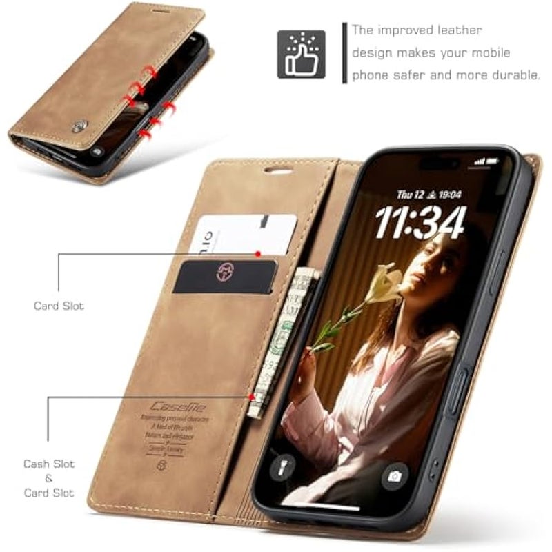كيس مي حافظة CaseMe لهاتف iPhone 16 Pro Max، مصنوعة يدوياً من الجلد المتين ذو تصميم رجعي، مزودة بإغلاق مغناطيسي، حماية ضد السقوط والصدمات، تحتوي على حامل ودعامات وبطاقات، باللون البني لهاتف iPhone 16 Pro Max - Image 2