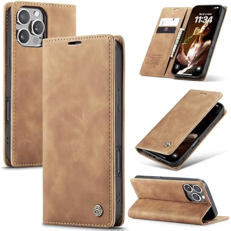 كيس مي حافظة CaseMe لهاتف iPhone 16 Pro Max، مصنوعة يدوياً من الجلد المتين ذو تصميم رجعي، مزودة بإغلاق مغناطيسي، حماية ضد السقوط والصدمات، تحتوي على حامل ودعامات وبطاقات، باللون البني لهاتف iPhone 16 Pro Max - Image 1