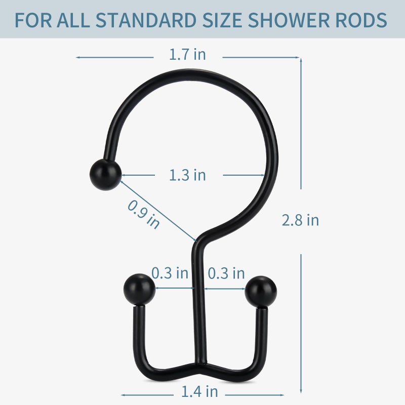 Goowin Shower Curtain Hooks, 12 Pcs Shower Curtain Rings, Durable Rust Proof Black Shower Curtain Hooks, Shower Rings for Curtain, Double Glide Shower Hooks for Shower Curtain Rods, Black - Image 5