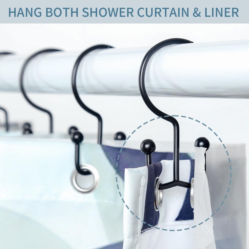 Goowin Shower Curtain Hooks, 12 Pcs Shower Curtain Rings, Durable Rust Proof Black Shower Curtain Hooks, Shower Rings for Curtain, Double Glide Shower Hooks for Shower Curtain Rods, Black - Image 3