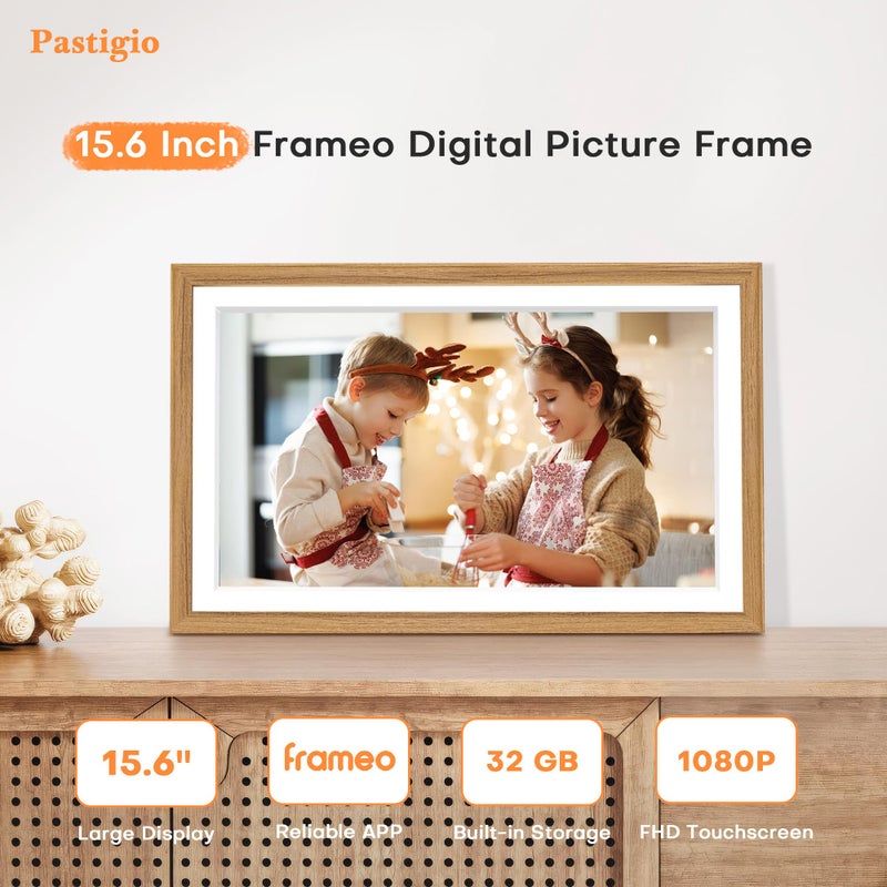 Pastigio Digital Picture Frame, Frameo 15.6 Inch Large Digital Photo Frame WiFi, 1920 * 1080 IPS FHD Touchscreen, 32GB, Tabletop&Wall-Mounted, Share Video Picture, Electric Frame, Mom Gifts, Natural Woodgrain - Image 2