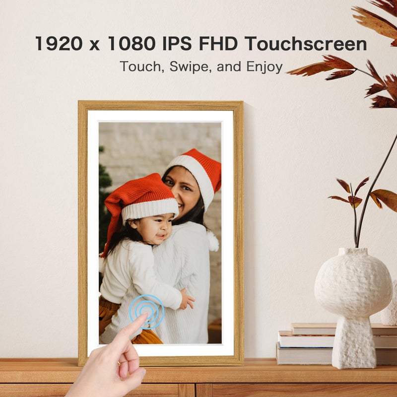 Pastigio Digital Picture Frame, Frameo 15.6 Inch Large Digital Photo Frame WiFi, 1920 * 1080 IPS FHD Touchscreen, 32GB, Tabletop&Wall-Mounted, Share Video Picture, Electric Frame, Mom Gifts, Natural Woodgrain - Image 5