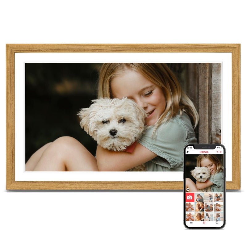 Pastigio Digital Picture Frame, Frameo 15.6 Inch Large Digital Photo Frame WiFi, 1920 * 1080 IPS FHD Touchscreen, 32GB, Tabletop&Wall-Mounted, Share Video Picture, Electric Frame, Mom Gifts, Natural Woodgrain - Image 1