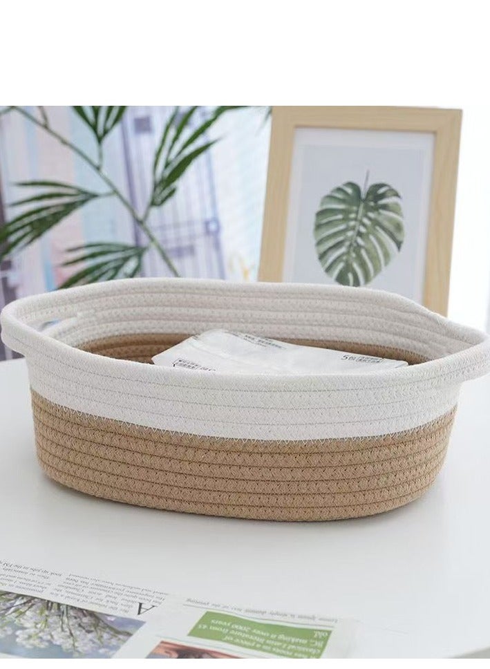 مجموعة من خمس سلال تخزين مصنوعة يدويًا من حبل قطني منسوج، باللونين الأبيض والبني: 30*22*11 سم، 28*20*10 سم، 26*18*9 سم، 23*16*8 سم، 20*14*7 سم - Image 3