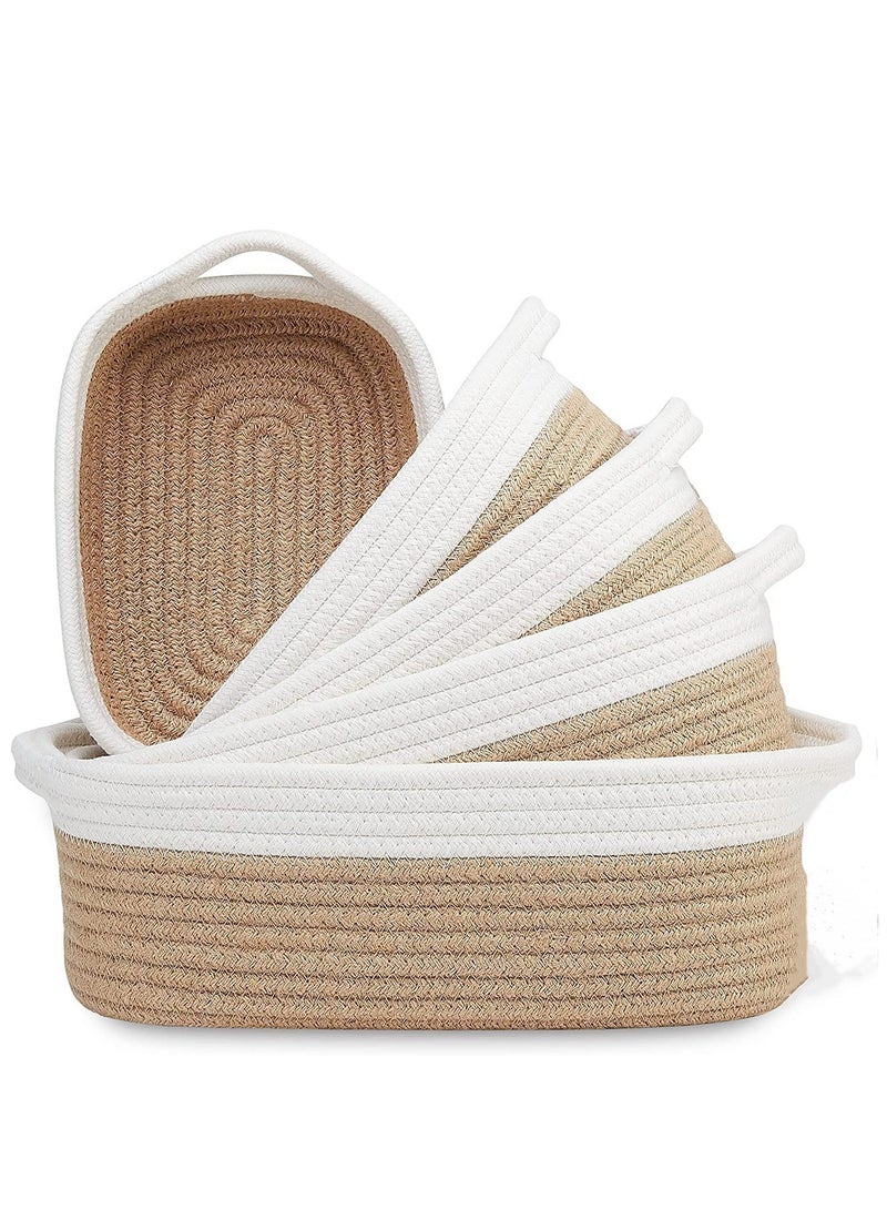 مجموعة من خمس سلال تخزين مصنوعة يدويًا من حبل قطني منسوج، باللونين الأبيض والبني: 30*22*11 سم، 28*20*10 سم، 26*18*9 سم، 23*16*8 سم، 20*14*7 سم - Image 1