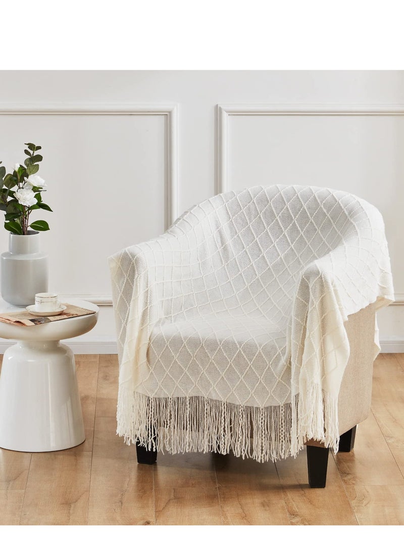 Cozy Knitted Decorative Blanket with Tassels for Sofa and Bed, Lightweight Diamond-Shaped Coverlet, Soft Nap Blanket in Beige (127x152cm) - Perfect for Home Decor. - Image 2